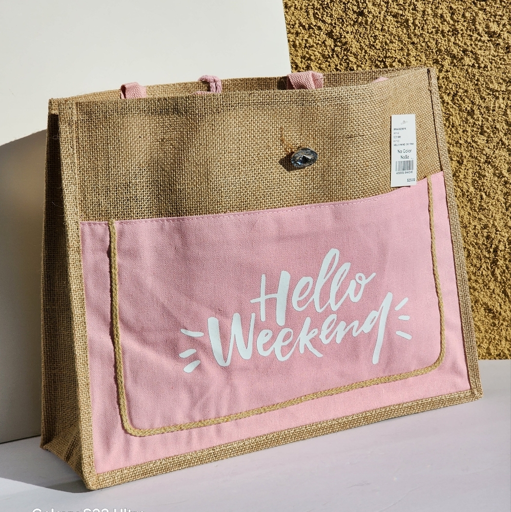 Women's Hello Weekend Light Pink & White Burlap Tote Bag - Picture 3 of 8